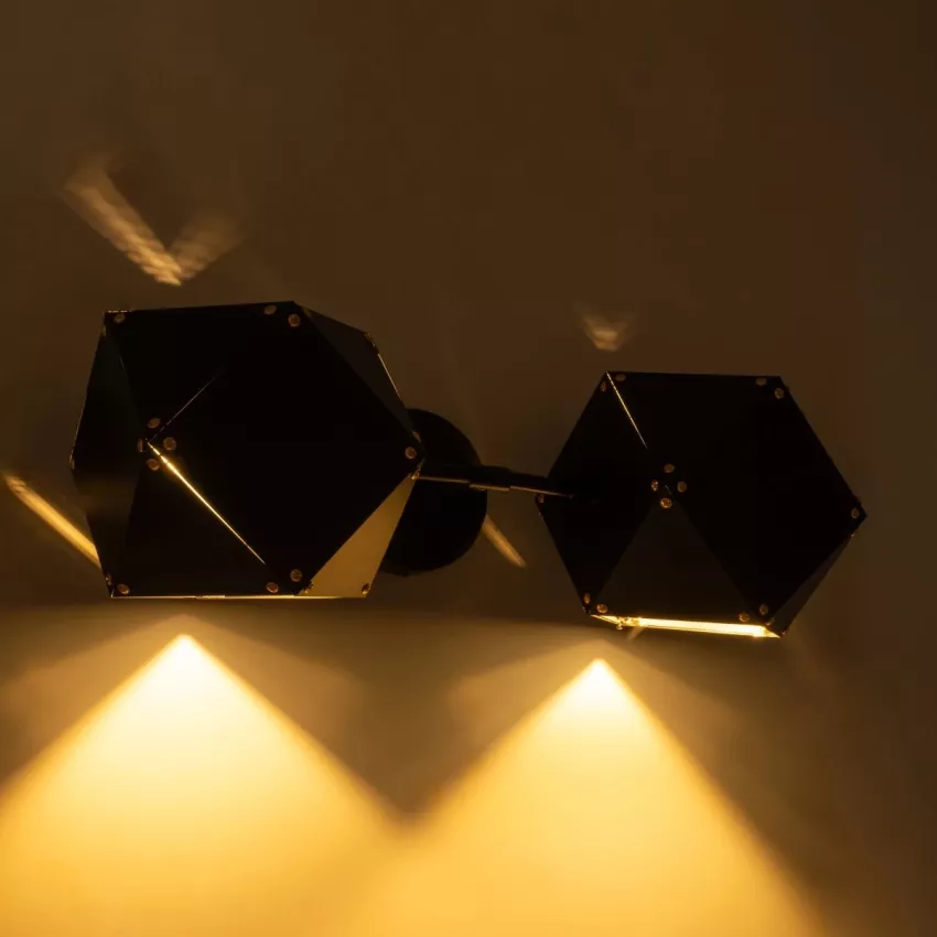 WELLES  Μοντέρνο Επιτοίχιο Φωτιστικό Απλίκα Δίφωτο 2 x E27 IP20 Μαύρο & Χρυσό Μέταλλο - Μ52 x Π21 x Υ17cm