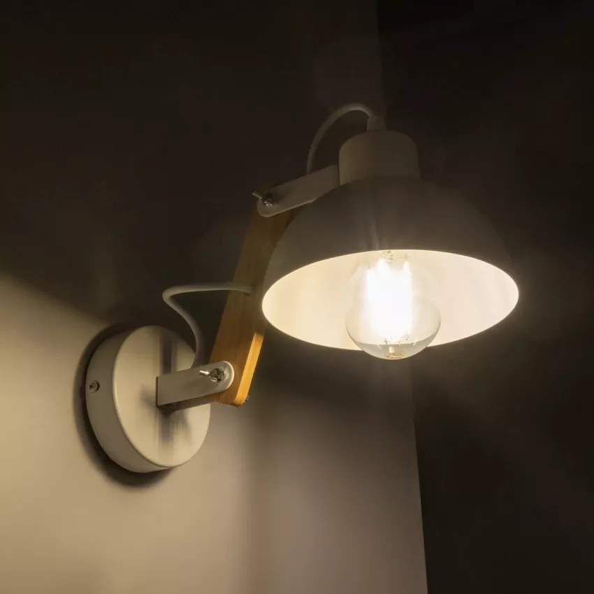 GRANT  Μοντέρνο Επιτοίχιο Φωτιστικό Απλίκα Μονόφωτο 1 x E27 IP20 Λευκό Μέταλλο με Μπεζ Ξύλο - Μ15 x Π36 x Υ12cm