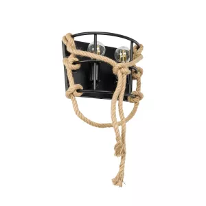 BARBOSA  Vintage Επιτοίχιο Φωτιστικό Απλίκα Δίφωτο 2 x E27 IP20 Μαύρο Μέταλλο με Μπεζ Σχοινί Μ12 x Π19 x Υ28cm