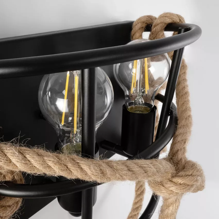 BARBOSA  Vintage Επιτοίχιο Φωτιστικό Απλίκα Δίφωτο 2 x E27 IP20 Μαύρο Μέταλλο με Μπεζ Σχοινί Μ12 x Π19 x Υ28cm