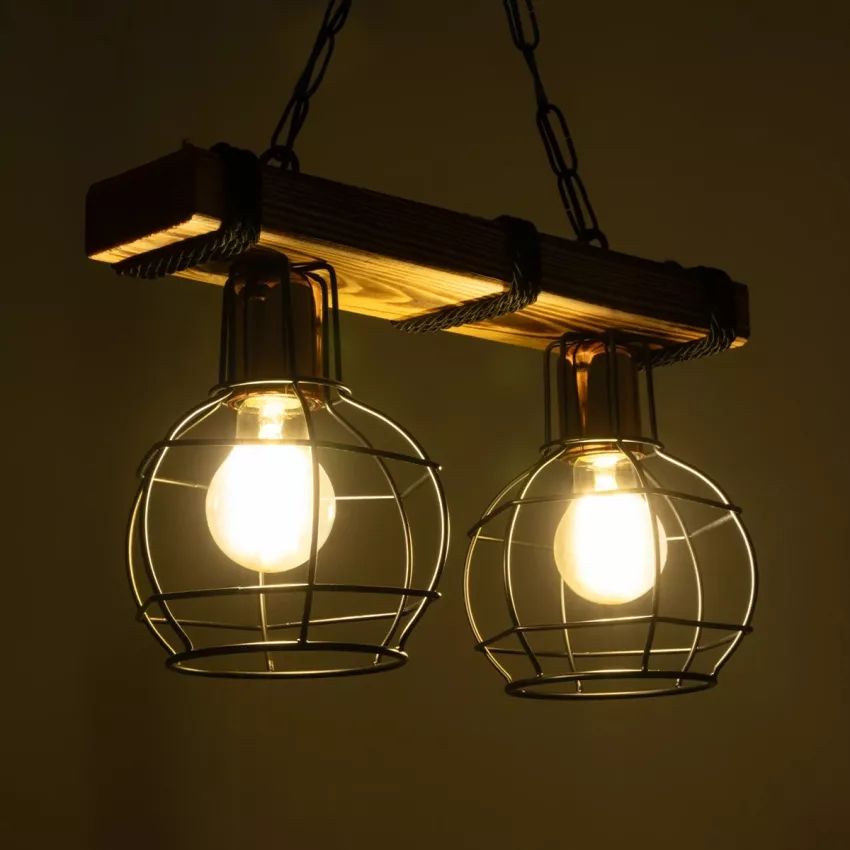 STARLO  Vintage Κρεμαστό Φωτιστικό Ράγα Δίφωτο 2 x E27 IP20 Μπεζ Ξύλο με Μαύρο Μέταλλο - Μ40 x Π15x Υ65cm