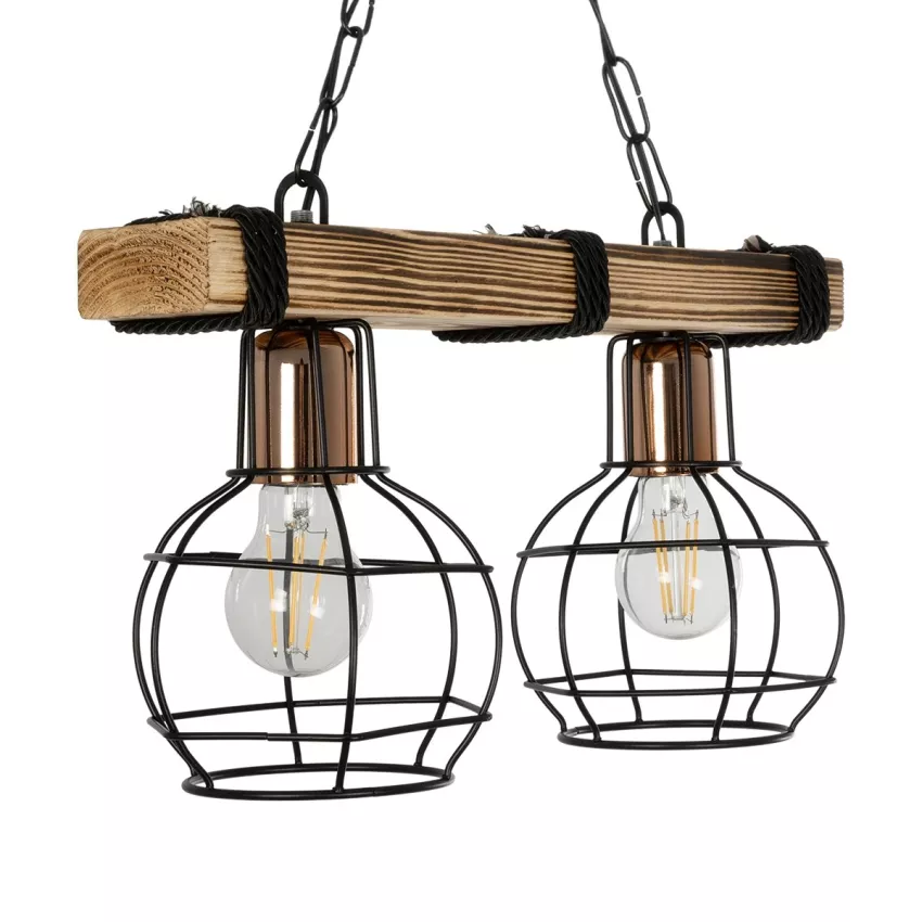 STARLO  Vintage Κρεμαστό Φωτιστικό Ράγα Δίφωτο 2 x E27 IP20 Μπεζ Ξύλο με Μαύρο Μέταλλο - Μ40 x Π15x Υ65cm