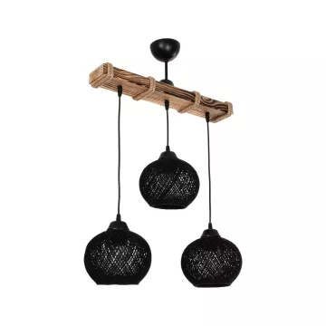 LUMA  Vintage Κρεμαστό Φωτιστικό Ράγα Τρίφωτο 3 x E27 IP20 Μπεζ Ξύλο με Μαύρο Σχοινί - Μ50 x Π20 x Υ63cm