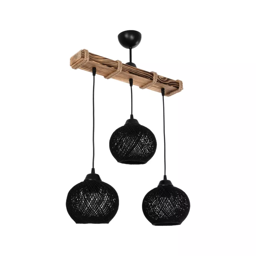 LUMA  Vintage Κρεμαστό Φωτιστικό Ράγα Τρίφωτο 3 x E27 IP20 Μπεζ Ξύλο με Μαύρο Σχοινί - Μ50 x Π20 x Υ63cm