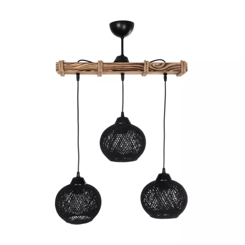 LUMA  Vintage Κρεμαστό Φωτιστικό Ράγα Τρίφωτο 3 x E27 IP20 Μπεζ Ξύλο με Μαύρο Σχοινί - Μ50 x Π20 x Υ63cm