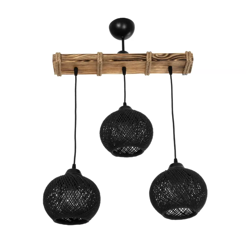 LUMA  Vintage Κρεμαστό Φωτιστικό Ράγα Τρίφωτο 3 x E27 IP20 Μπεζ Ξύλο με Μαύρο Σχοινί - Μ50 x Π20 x Υ63cm