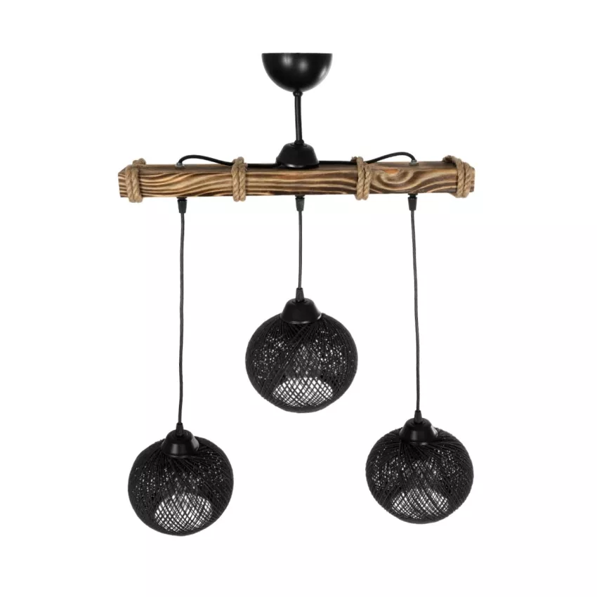 LUMA  Vintage Κρεμαστό Φωτιστικό Ράγα Τρίφωτο 3 x E27 IP20 Μπεζ Ξύλο με Μαύρο Σχοινί - Μ50 x Π20 x Υ63cm