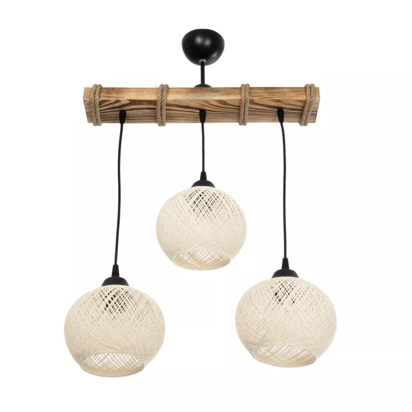 LUMA  Vintage Κρεμαστό Φωτιστικό Ράγα Τρίφωτο 3 x E27 IP20 Μπεζ Ξύλο με Μπεζ Σχοινί - Μ50 x Π20 x Υ63cm