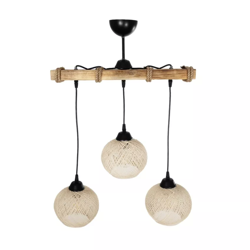 LUMA  Vintage Κρεμαστό Φωτιστικό Ράγα Τρίφωτο 3 x E27 IP20 Μπεζ Ξύλο με Μπεζ Σχοινί - Μ50 x Π20 x Υ63cm