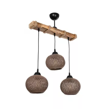 LUMA  Vintage Κρεμαστό Φωτιστικό Ράγα Τρίφωτο 3 x E27 IP20 Μπεζ Ξύλο με Καφέ Σχοινί - Μ50 x Π20 x Υ63cm