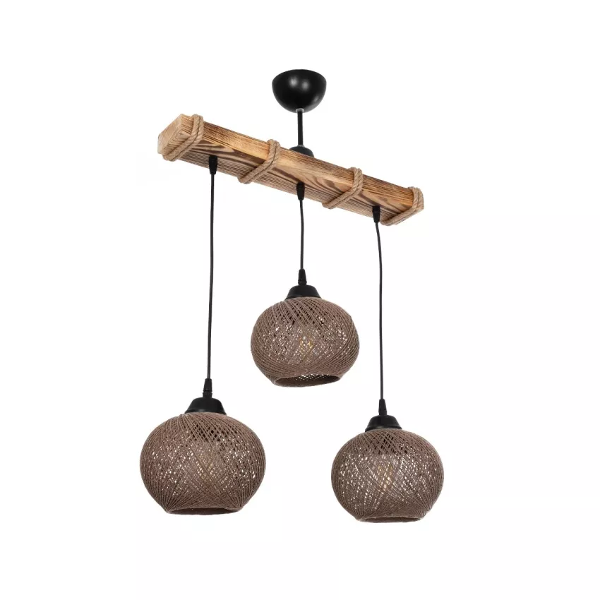 LUMA  Vintage Κρεμαστό Φωτιστικό Ράγα Τρίφωτο 3 x E27 IP20 Μπεζ Ξύλο με Καφέ Σχοινί - Μ50 x Π20 x Υ63cm