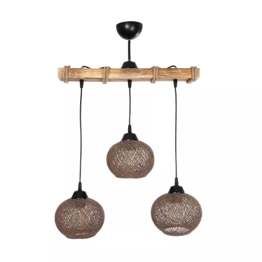 LUMA  Vintage Κρεμαστό Φωτιστικό Ράγα Τρίφωτο 3 x E27 IP20 Μπεζ Ξύλο με Καφέ Σχοινί - Μ50 x Π20 x Υ63cm