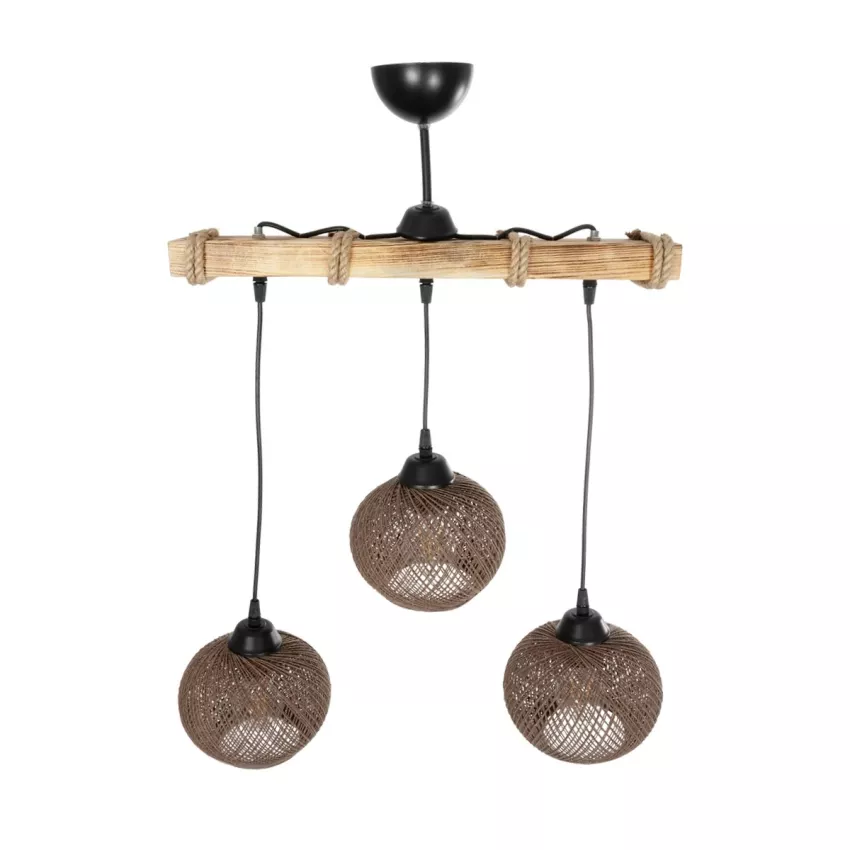 LUMA  Vintage Κρεμαστό Φωτιστικό Ράγα Τρίφωτο 3 x E27 IP20 Μπεζ Ξύλο με Καφέ Σχοινί - Μ50 x Π20 x Υ63cm