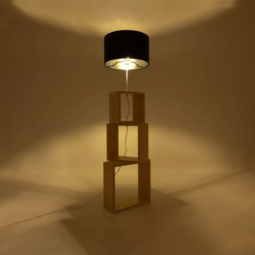 LUMO  Μοντέρνο Επιδαπέδιο Φωτιστικό Μονόφωτο 1 x E27 IP20 Μπεζ Ξύλο με Μαύρο Ύφασμα - Μ37 x Π37 x Υ155cm