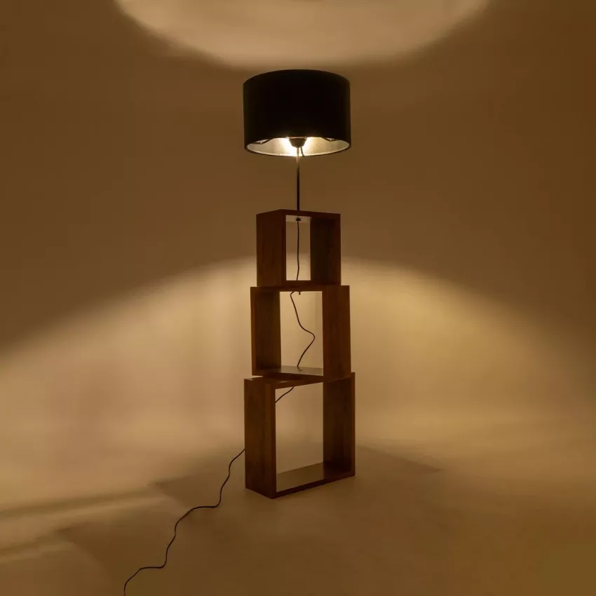 LUMO  Μοντέρνο Επιδαπέδιο Φωτιστικό Μονόφωτο 1 x E27 IP20 Καρυδί Ξύλο με Μαύρο Ύφασμα - Μ37 x Π37 x Υ155cm