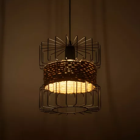 ORB  Vintage Κρεμαστό Φωτιστικό Πλέγμα Μονόφωτο 1 x E27 IP20 Μαύρο Μέταλλο με Μπεζ Σχοινί - Μ28 x Π28 x Υ80cm