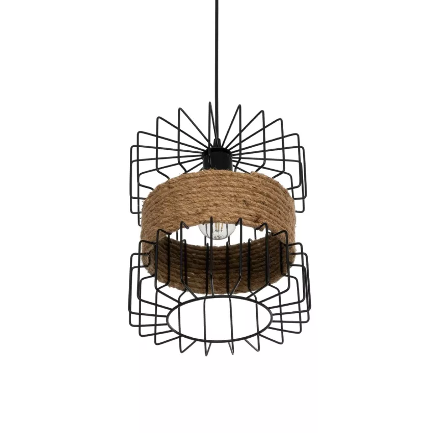 ORB  Vintage Κρεμαστό Φωτιστικό Πλέγμα Μονόφωτο 1 x E27 IP20 Μαύρο Μέταλλο με Μπεζ Σχοινί - Μ28 x Π28 x Υ80cm
