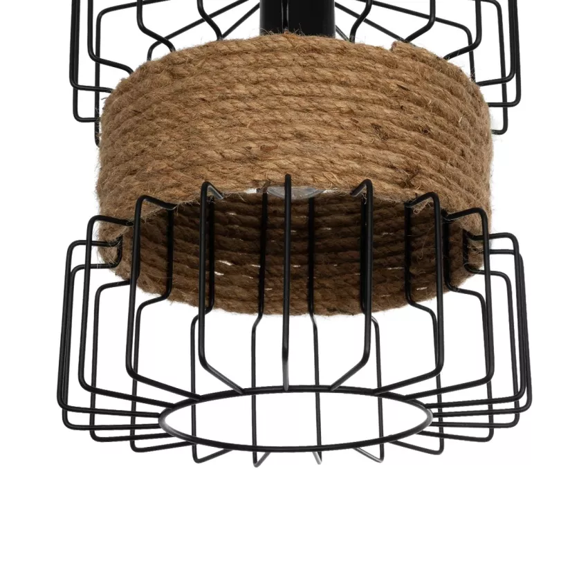ORB  Vintage Κρεμαστό Φωτιστικό Πλέγμα Μονόφωτο 1 x E27 IP20 Μαύρο Μέταλλο με Μπεζ Σχοινί - Μ28 x Π28 x Υ80cm