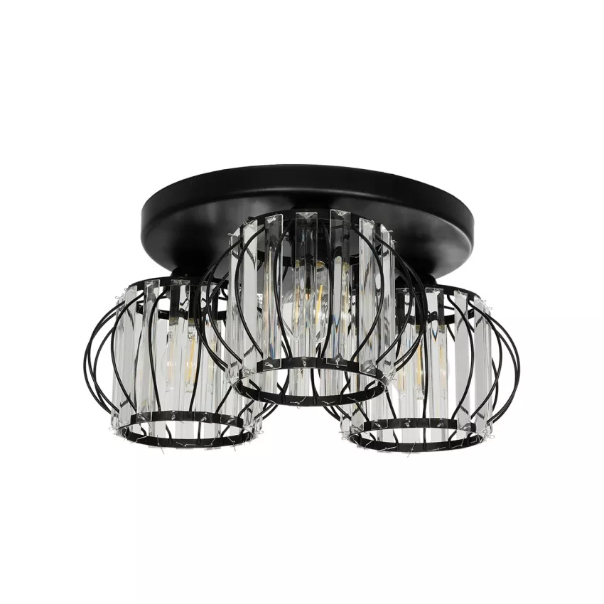 ILLUME  Vintage Φωτιστικό Οροφής Κρύσταλλα Τρίφωτο 3 x E27 IP20 Μαύρο & Χρυσό Μέταλλο με Διάφανο Γυαλί - Μ35 x Π35 x Υ40cm
