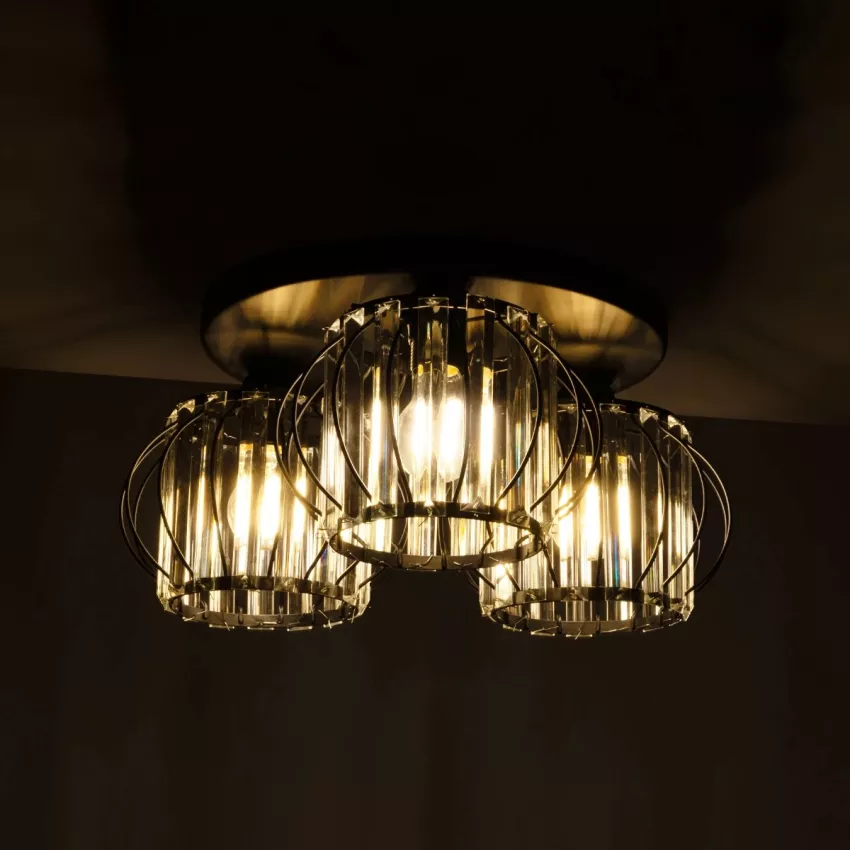 ILLUME  Vintage Φωτιστικό Οροφής Κρύσταλλα Τρίφωτο 3 x E27 IP20 Μαύρο & Χρυσό Μέταλλο με Διάφανο Γυαλί - Μ35 x Π35 x Υ40cm