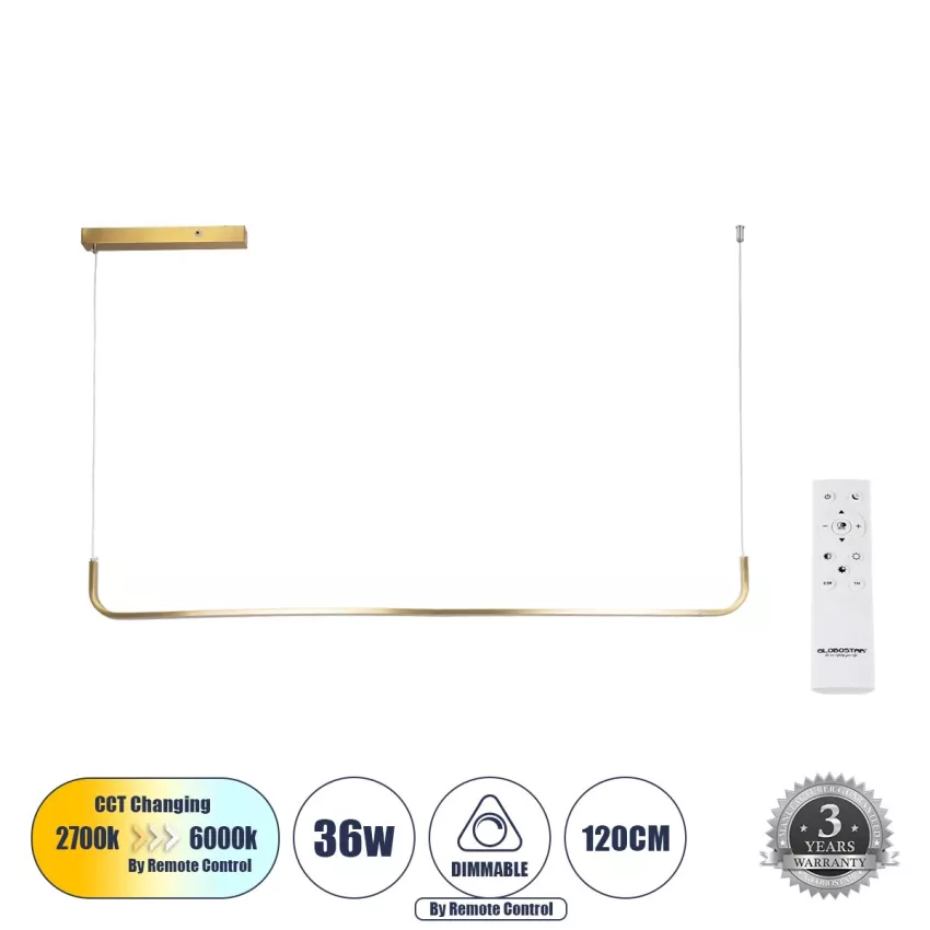 GLOBOSTAR® LINARIA  Μοντέρνο Κρεμαστό Φωτιστικό Οροφής LED 36W 4150lm 180° AC 220-240V IP20 Ρυθμιζόμενο Λευκό CCT με Χειριστήριο από 2700K έως 6000K Dimmable - Lumileds SMD Chip - Χρυσό Βούρτσας - Μ120 x Π2 x Υ10cm