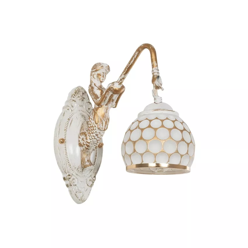 MERMAID  Vintage Επιτοίχιο Φωτιστικό Απλίκα Μονόφωτο 1 x E27 IP20 Λευκό Γυαλί με Λευκό & Χρυσό Μέταλλο - Μ12.5 x Π28 x Υ27cm