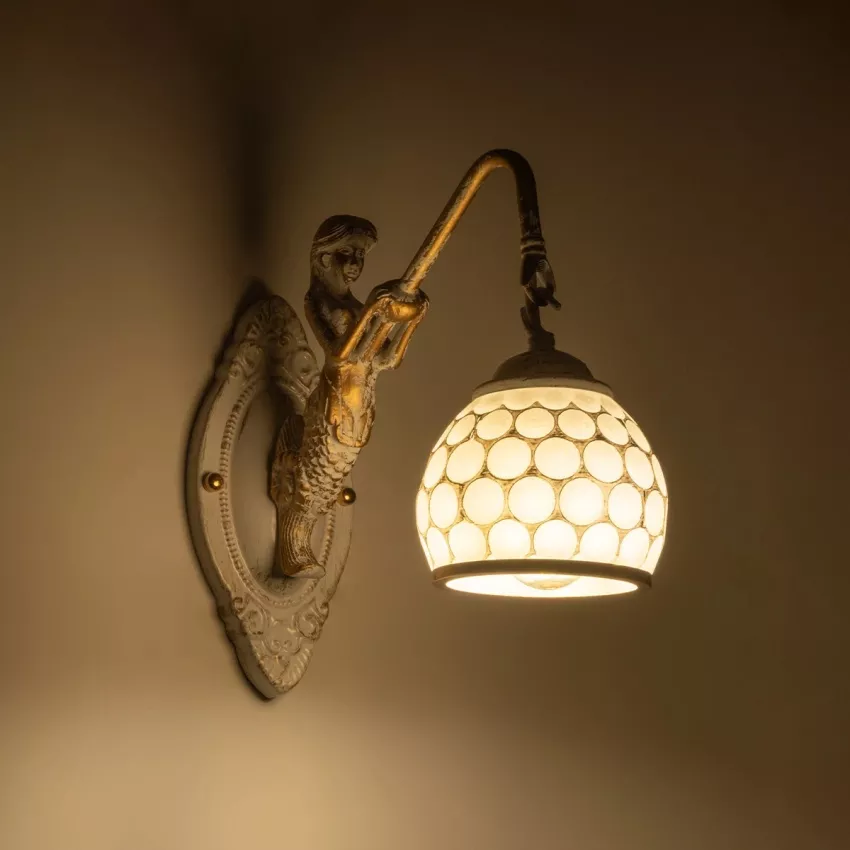 MERMAID  Vintage Επιτοίχιο Φωτιστικό Απλίκα Μονόφωτο 1 x E27 IP20 Λευκό Γυαλί με Λευκό & Χρυσό Μέταλλο - Μ12.5 x Π28 x Υ27cm