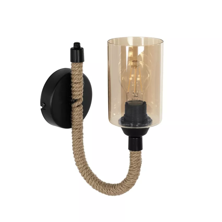 RIFT  Vintage Επιτοίχιο Φωτιστικό Απλίκα Σχοινί Μονόφωτο 1 x E27 IP20 Μαύρο Μέταλλο με Μπεζ Σχοινί με Φιμέ Γυαλί - Μ22.5 x Π22.5 x Υ28.5cm