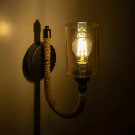 RIFT  Vintage Επιτοίχιο Φωτιστικό Απλίκα Σχοινί Μονόφωτο 1 x E27 IP20 Μαύρο Μέταλλο με Μπεζ Σχοινί με Φιμέ Γυαλί - Μ22.5 x Π22.5 x Υ28.5cm