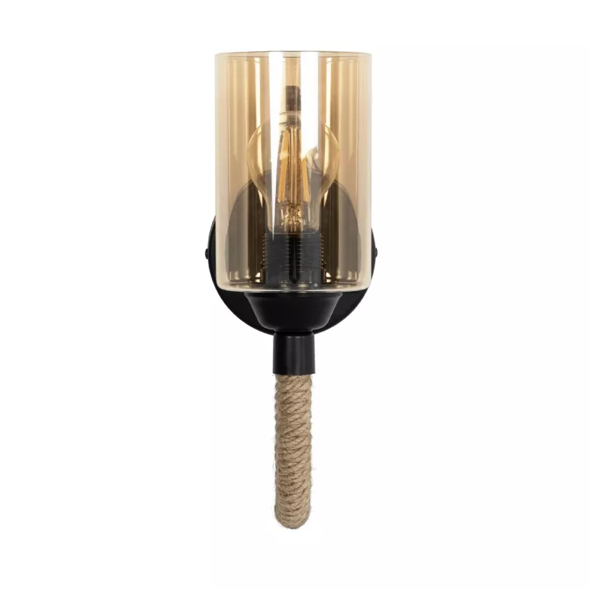 RIFT  Vintage Επιτοίχιο Φωτιστικό Απλίκα Σχοινί Μονόφωτο 1 x E27 IP20 Μαύρο Μέταλλο με Μπεζ Σχοινί με Φιμέ Γυαλί - Μ22.5 x Π22.5 x Υ28.5cm