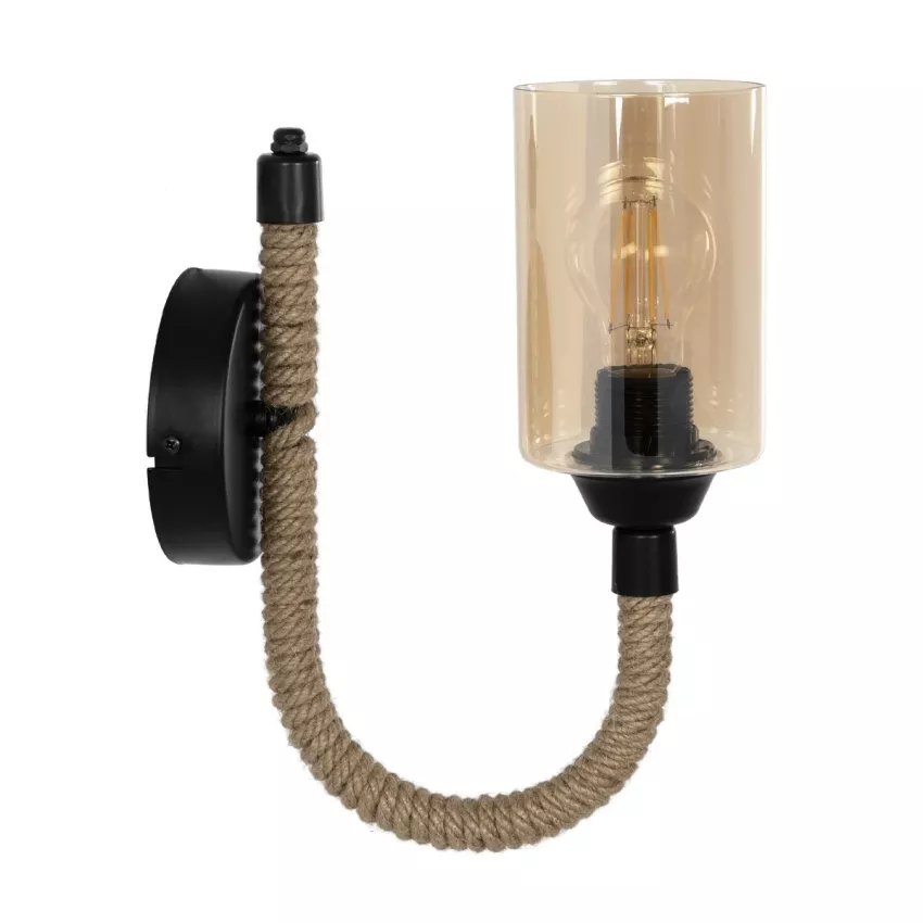 RIFT  Vintage Επιτοίχιο Φωτιστικό Απλίκα Σχοινί Μονόφωτο 1 x E27 IP20 Μαύρο Μέταλλο με Μπεζ Σχοινί με Φιμέ Γυαλί - Μ22.5 x Π22.5 x Υ28.5cm