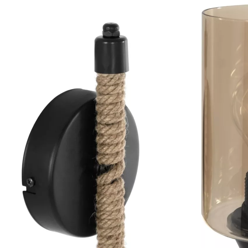 RIFT  Vintage Επιτοίχιο Φωτιστικό Απλίκα Σχοινί Μονόφωτο 1 x E27 IP20 Μαύρο Μέταλλο με Μπεζ Σχοινί με Φιμέ Γυαλί - Μ22.5 x Π22.5 x Υ28.5cm