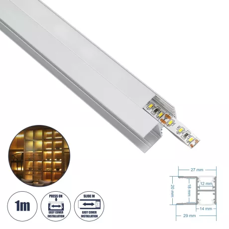 GLOBOSTAR® ALP-R-SHELF DODA  Χωνευτό Προφίλ Αλουμινίου Ειδικό για Φωτισμό Ραφιού 18mm με Λευκό Γαλακτερό Πατητό Κάλυμμα για Ταινίες LED IP20 - Ασημί & Λευκό - Μ100 x Π1.5 x Υ2cm