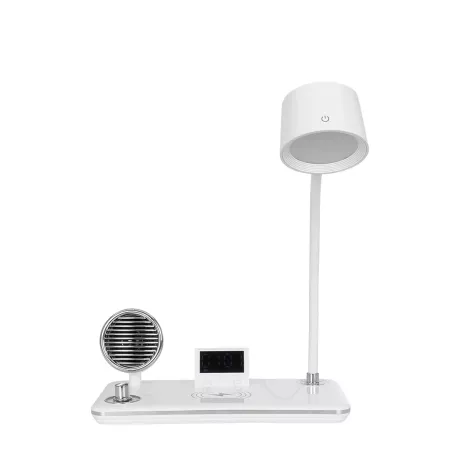 GLOBOSTAR® OLDY  Μοντέρνο Επιτραπέζιο Φωτιστικό Γραφείου με Ασύρματη Φόρτιση 15W 3A, 5W Bluetooth Ηχείο & Ψηφιακό Ρολόι LED 3W 300lm 120° DC 5V με USB-C IP20 Ρυθμιζόμενο Λευκό CCT με Αφή 2700K/4500K/6000K Dimmable - Sanan SMD Chip - Λευκό - Μ13 x Π25 