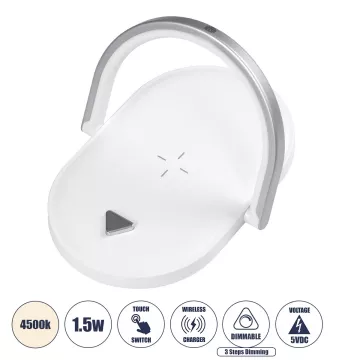 ECLIPSE  Μοντέρνο Επιτραπέζιο Φωτιστικό Πορτατίφ LED 15W 1200lm 180° AC 230V - με Ασύρματη Φόρτιση - Wireless Charger - Διακόπτη Αφής με 3 Εντάσεις Φωτισμού Φυσικό Λευκό 4500K Dimmable - Μ17 x Π13 x Υ10 - Λευκό