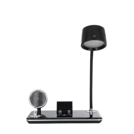 GLOBOSTAR® OLDY  Μοντέρνο Επιτραπέζιο Φωτιστικό Γραφείου με Ασύρματη Φόρτιση 15W 3A, 5W Bluetooth Ηχείο & Ψηφιακό Ρολόι LED 3W 300lm 120° DC 5V με USB-C IP20 Ρυθμιζόμενο Λευκό CCT με Αφή 2700K/4500K/6000K Dimmable - Sanan SMD Chip - Μαύρο - Μ13 x Π25 