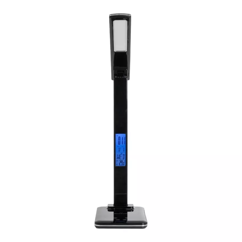 GLOBOSTAR® ZENTIME  Μοντέρνο Επιτραπέζιο Φωτιστικό Γραφείου με Ασύρματη Φόρτιση 10W 2A & Ψηφιακό Ρολόι LED 3.5W 350lm 120° DC 5V με USB-C IP20 Ρυθμιζόμενο Λευκό CCT με Αφή 2700K/4500K/6000K Dimmable - Sanan SMD Chip - Μαύρο - Μ18 x Π12 x Υ40cm