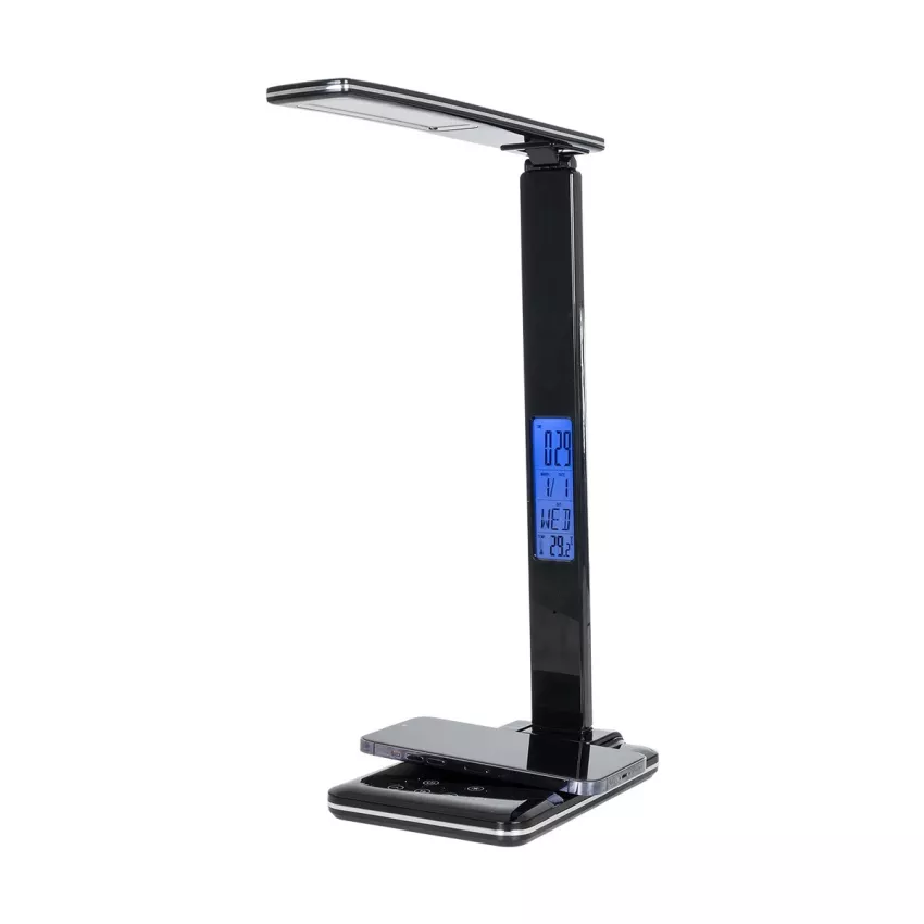 GLOBOSTAR® ZENTIME  Μοντέρνο Επιτραπέζιο Φωτιστικό Γραφείου με Ασύρματη Φόρτιση 10W 2A & Ψηφιακό Ρολόι LED 3.5W 350lm 120° DC 5V με USB-C IP20 Ρυθμιζόμενο Λευκό CCT με Αφή 2700K/4500K/6000K Dimmable - Sanan SMD Chip - Μαύρο - Μ18 x Π12 x Υ40cm