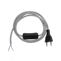 GLOBOSTAR® WHIP  Μοντέρνο DIY Φωτιστικό με Υφασμάτινο Καλώδιο, Ντουί 1 x E27 & Διακόπτη On/Off AC 220-240V IP20 - Ασημί & Μαύρο - Μ140 x Π2.7 x Υ1.9cm