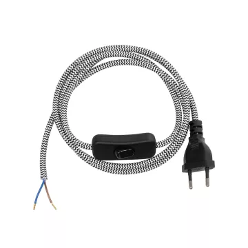 GLOBOSTAR® WHIP  Μοντέρνο DIY Φωτιστικό με Υφασμάτινο Καλώδιο, Ντουί 1 x E27 & Διακόπτη On/Off AC 220-240V IP20 - Ασημί & Μαύρο - Μ140 x Π2.7 x Υ1.9cm