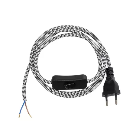 GLOBOSTAR® WHIP  Μοντέρνο DIY Φωτιστικό με Υφασμάτινο Καλώδιο, Ντουί 1 x E27 & Διακόπτη On/Off AC 220-240V IP20 - Ασημί & Μαύρο - Μ140 x Π2.7 x Υ1.9cm