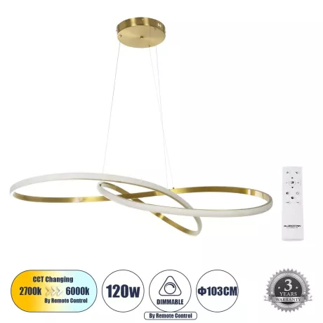 GLOBOSTAR® DEXTER  Μοντέρνο Κρεμαστό Φωτιστικό Οροφής LED 120W 13440lm 300° AC 220-240V IP20 Ρυθμιζόμενο Λευκό CCT με Χειριστήριο από 2700K έως 6000K Dimmable - Lumileds SMD Chip - Χρυσό Βούρτσας - Μ103 x Π103 x Υ30cm