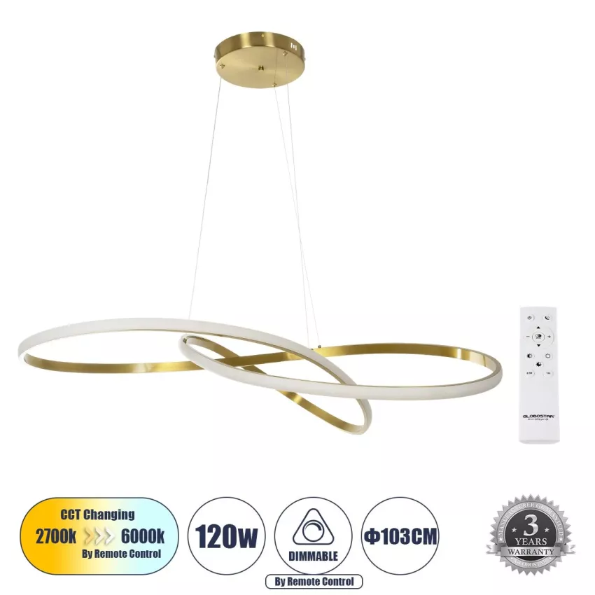 GLOBOSTAR® DEXTER  Μοντέρνο Κρεμαστό Φωτιστικό Οροφής LED 120W 13440lm 300° AC 220-240V IP20 Ρυθμιζόμενο Λευκό CCT με Χειριστήριο από 2700K έως 6000K Dimmable - Lumileds SMD Chip - Χρυσό Βούρτσας - Μ103 x Π103 x Υ30cm