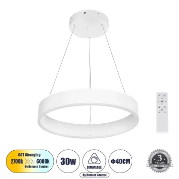 GLOBOSTAR® VENOM  Μοντέρνο Κρεμαστό Φωτιστικό Οροφής LED 30W 3513lm 120° AC 220-240V IP20 Ρυθμιζόμενο Λευκό CCT με Χειριστήριο από 2700K έως 6000K Dimmable - Lumileds SMD Chip - Λευκό Ματ - Μ40 x Π40 x Υ6.5cm