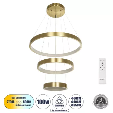 GLOBOSTAR® NEMESIS TRIO  Μοντέρνο Κρεμαστό Φωτιστικό Οροφής LED 100W 12123lm 360° AC 220-240V IP20 Ρυθμιζόμενο Λευκό CCT με Χειριστήριο από 2700K έως 6000K Dimmable - Lumileds SMD Chip - Χρυσό Βούρτσας - Μ60 x Π60 x Υ60cm