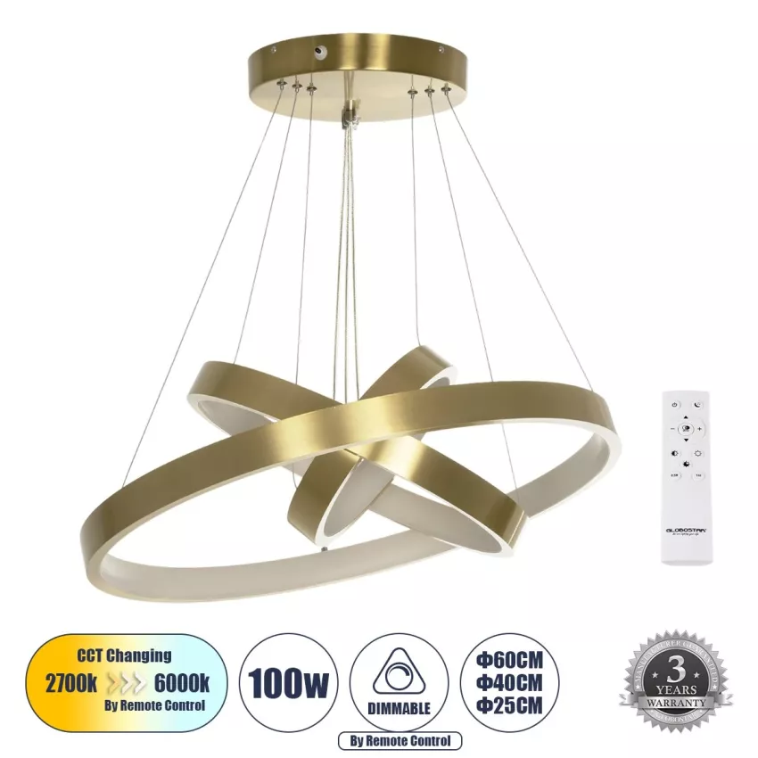 GLOBOSTAR® NEMESIS TRIO  Μοντέρνο Κρεμαστό Φωτιστικό Οροφής LED 100W 12123lm 360° AC 220-240V IP20 Ρυθμιζόμενο Λευκό CCT με Χειριστήριο από 2700K έως 6000K Dimmable - Lumileds SMD Chip - Χρυσό Βούρτσας - Μ60 x Π60 x Υ60cm