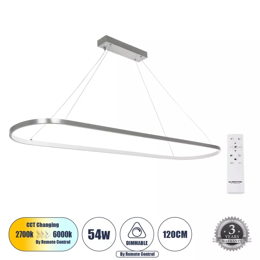 GLOBOSTAR® BOLIVAR  Μοντέρνο Κρεμαστό Φωτιστικό Οροφής LED 54W 6210lm 360° AC 220-240V IP20 Ρυθμιζόμενο Λευκό CCT με Χειριστήριο από 2700K έως 6000K Dimmable - Lumileds SMD Chip - Νίκελ Βούρτσας - Μ120 x Π30 x Υ2cm