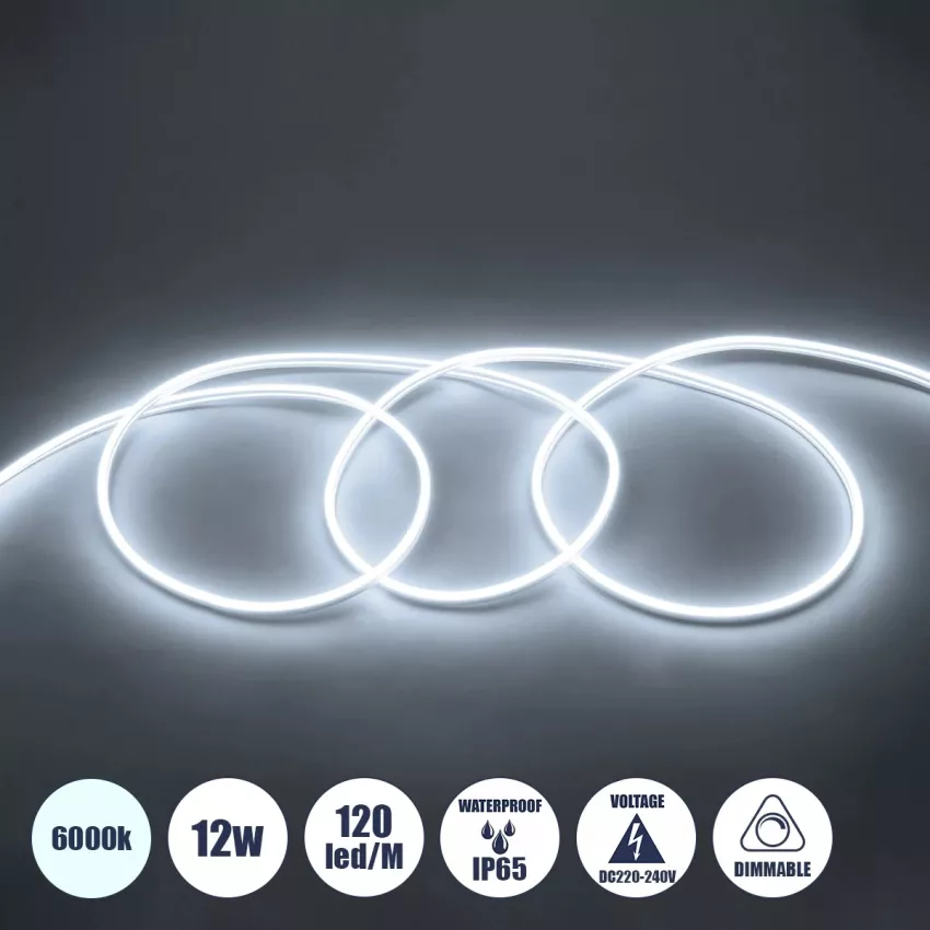 OVALE 120° Degree Neon Flex Epistar LED SMD 2835 1m 12W/m 120LED/m 1320lm/m 120° DC 230V Αδιάβροχη IP68 Ψυχρό Λευκό 6000K Dimmable