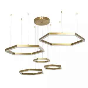 kelvo® LEXAGON  Κρεμαστό Φωτιστικό Οροφής LED 120W 12000lm 200° AC 220-240V IP20 Ρυθμιζόμενο Λευκό CCT με Χειριστήριο από 2700K έως 6000K Dimmable - Lumileds SMD Chip - Χρυσό Πλατίνα - Μ110 x Π90 x Υ110cm