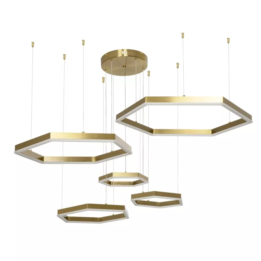 kelvo® LEXAGON  Κρεμαστό Φωτιστικό Οροφής LED 120W 12000lm 200° AC 220-240V IP20 Ρυθμιζόμενο Λευκό CCT με Χειριστήριο από 2700K έως 6000K Dimmable - Lumileds SMD Chip - Χρυσό Πλατίνα - Μ110 x Π90 x Υ110cm